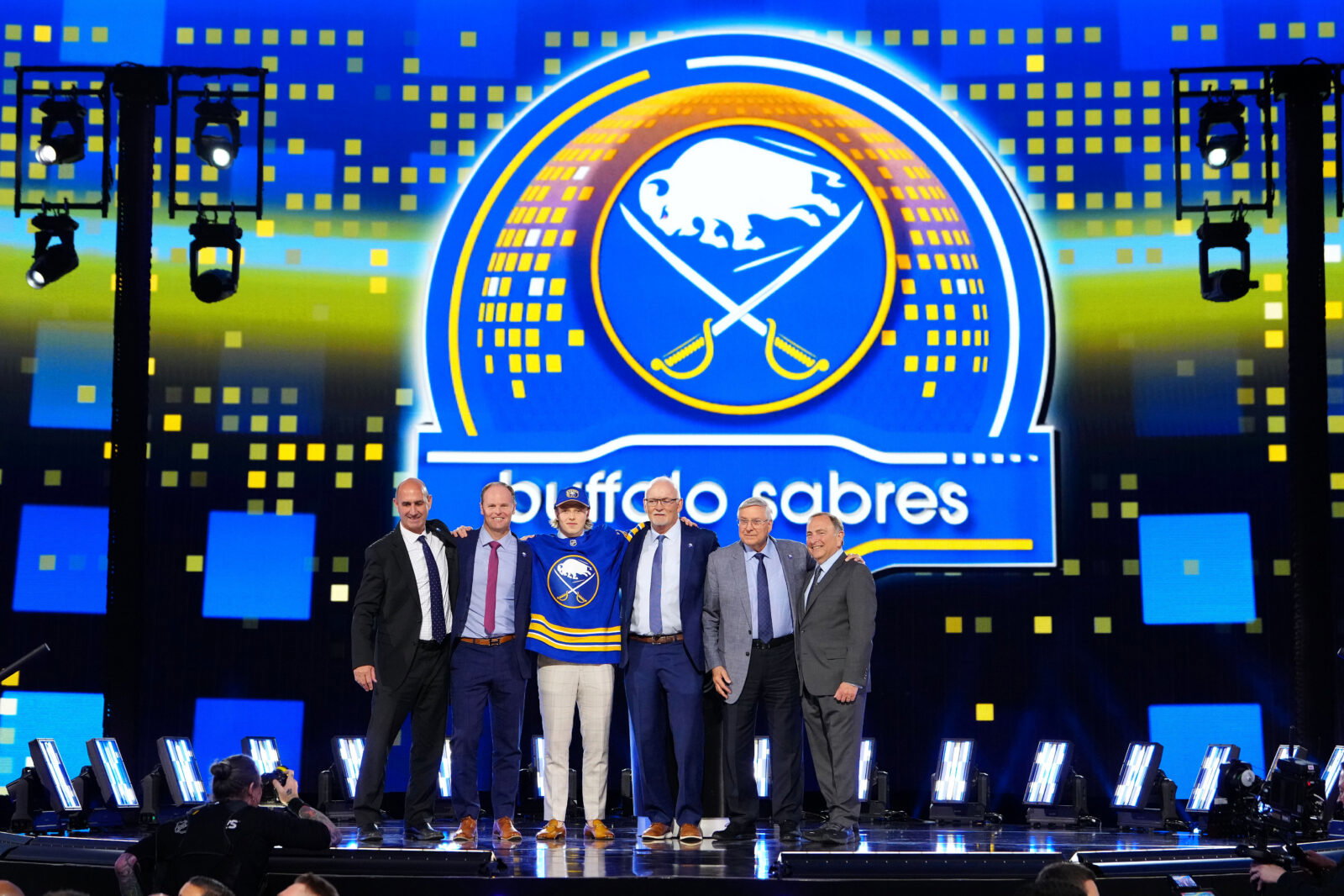Jun 28, 2024; Las Vegas, Nevada, USA; Konsta Helenius is selected by the Buffalo Sabres with the 14th overall pick in the first round of the 2024 NHL Draft at The Sphere. Mandatory Credit: Stephen R. Sylvanie-USA TODAY Sports