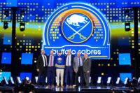 Jun 28, 2024; Las Vegas, Nevada, USA; Konsta Helenius is selected by the Buffalo Sabres with the 14th overall pick in the first round of the 2024 NHL Draft at The Sphere. Mandatory Credit: Stephen R. Sylvanie-USA TODAY Sports