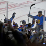 Nov 30, 2024; Toronto, ON, CANADA; Toronto Sceptres forward Jesse Compher (18) joins team mates and fans as they celebrate a goal scored by forward Hannah Miller (34) against the Boston Fleet in the third period at Coca-Cola Coliseum. Mandatory Credit: Dan Hamilton-Imagn Images