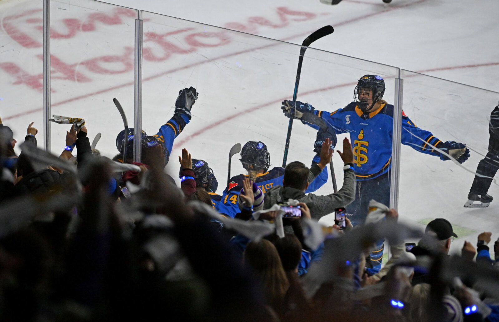 Nov 30, 2024; Toronto, ON, CANADA; Toronto Sceptres forward Jesse Compher (18) joins team mates and fans as they celebrate a goal scored by forward Hannah Miller (34) against the Boston Fleet in the third period at Coca-Cola Coliseum. Mandatory Credit: Dan Hamilton-Imagn Images