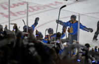 Nov 30, 2024; Toronto, ON, CANADA; Toronto Sceptres forward Jesse Compher (18) joins team mates and fans as they celebrate a goal scored by forward Hannah Miller (34) against the Boston Fleet in the third period at Coca-Cola Coliseum. Mandatory Credit: Dan Hamilton-Imagn Images