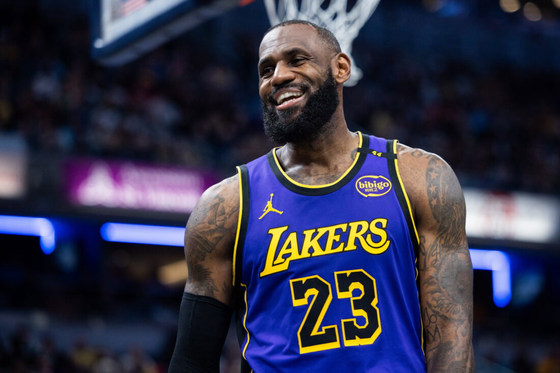 Mar 26, 2025; Indianapolis, Indiana, USA; Los Angeles Lakers forward LeBron James (23) reacts in the second half against the Indiana Pacers at Gainbridge Fieldhouse. Mandatory Credit: Trevor Ruszkowski-Imagn Images