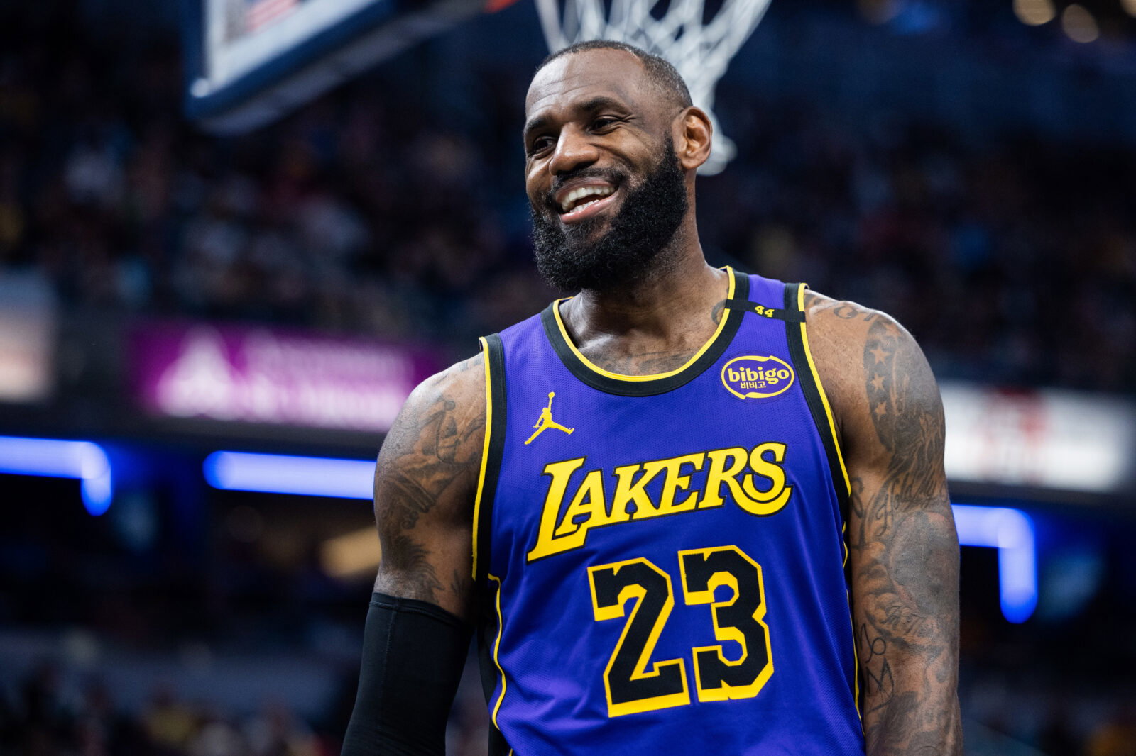 Mar 26, 2025; Indianapolis, Indiana, USA; Los Angeles Lakers forward LeBron James (23) reacts in the second half against the Indiana Pacers at Gainbridge Fieldhouse. Mandatory Credit: Trevor Ruszkowski-Imagn Images