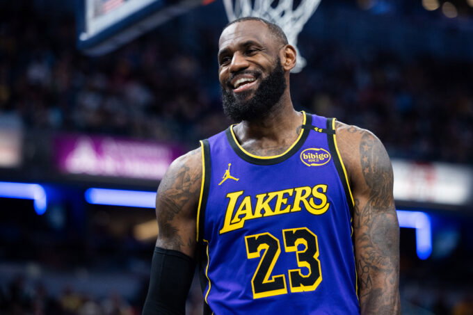 Mar 26, 2025; Indianapolis, Indiana, USA; Los Angeles Lakers forward LeBron James (23) reacts in the second half against the Indiana Pacers at Gainbridge Fieldhouse. Mandatory Credit: Trevor Ruszkowski-Imagn Images