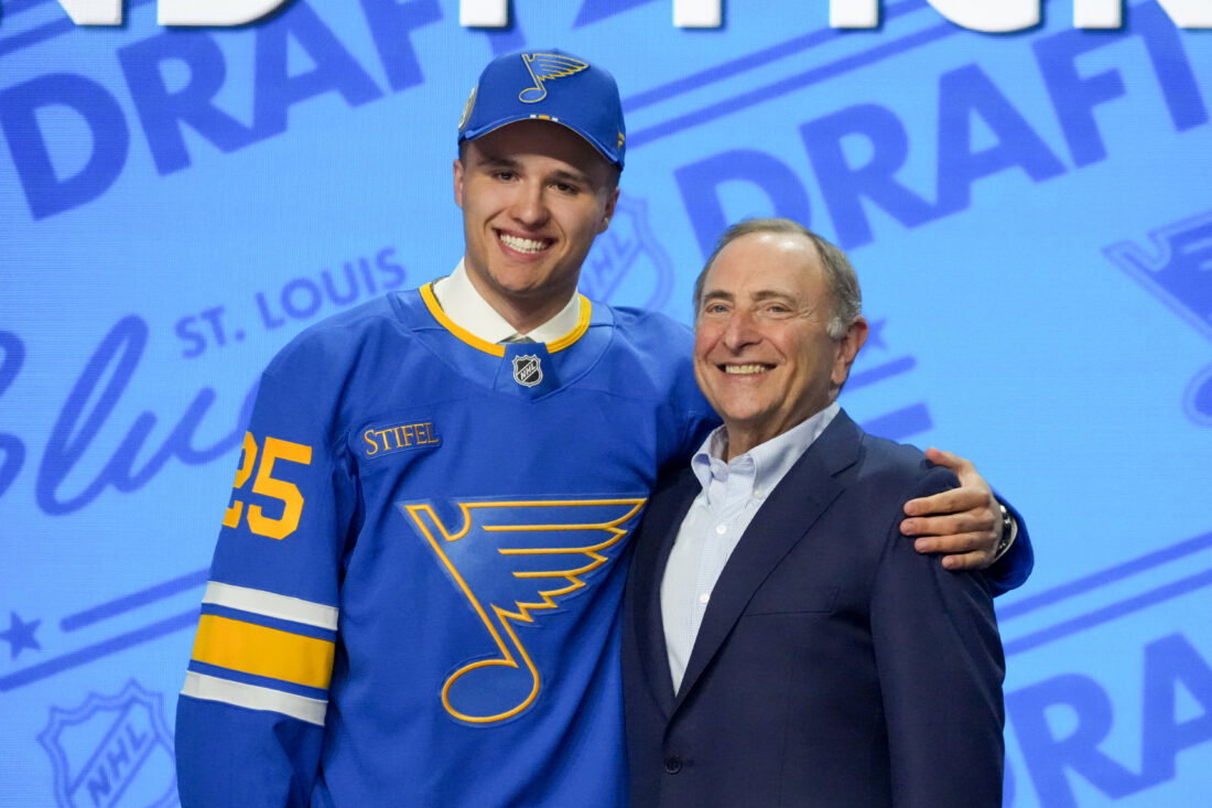 Jun 27, 2025; Los Angeles, California, USA; Justin Carbonneau is selected as the 19th overall pick to the St. Louis Blues in the first round of the 2025 NHL Draft at Peacock Theater. Mandatory Credit: Kirby Lee-Imagn Images
