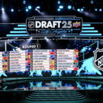 Jun 27, 2025; Los Angeles, California, USA; The draft board is seen following the first round of the 2025 NHL Draft at Peacock Theater. Mandatory Credit: Kirby Lee-Imagn Images