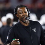 Aug 23, 2025; Glendale, Arizona, USA; Las Vegas Raiders defensive coordinator Patrick Graham against the Arizona Cardinals during a preseason NFL game at State Farm Stadium. Mandatory Credit: Mark J. Rebilas-Imagn Images