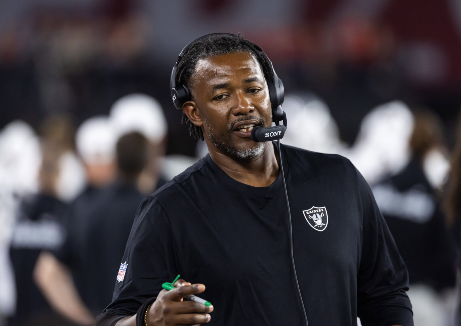 Aug 23, 2025; Glendale, Arizona, USA; Las Vegas Raiders defensive coordinator Patrick Graham against the Arizona Cardinals during a preseason NFL game at State Farm Stadium. Mandatory Credit: Mark J. Rebilas-Imagn Images