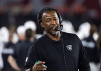 Aug 23, 2025; Glendale, Arizona, USA; Las Vegas Raiders defensive coordinator Patrick Graham against the Arizona Cardinals during a preseason NFL game at State Farm Stadium. Mandatory Credit: Mark J. Rebilas-Imagn Images