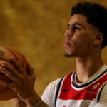 Sep 29, 2025; Washington, DC, USA; Washington Wizards guard Will Riley (27) poses for a portrait during Wizards Media Day at CareFirst Arena. Mandatory Credit: Geoff Burke-Imagn Images