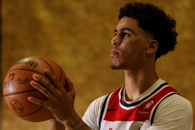 Sep 29, 2025; Washington, DC, USA; Washington Wizards guard Will Riley (27) poses for a portrait during Wizards Media Day at CareFirst Arena. Mandatory Credit: Geoff Burke-Imagn Images