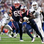 Oct 5, 2025; Orchard Park, New York, USA; New England Patriots wide receiver Stefon Diggs (8) makes a catch against the Buffalo Bills during the second half at Highmark Stadium. Mandatory Credit: Mark Konezny-Imagn Images