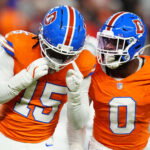 Nov 6, 2025; Denver, Colorado, USA; Denver Broncos linebacker Nik Bonitto (15) and linebacker Jonathon Cooper (0) react during the first half at Empower Field at Mile High. Mandatory Credit: Ron Chenoy-Imagn Images