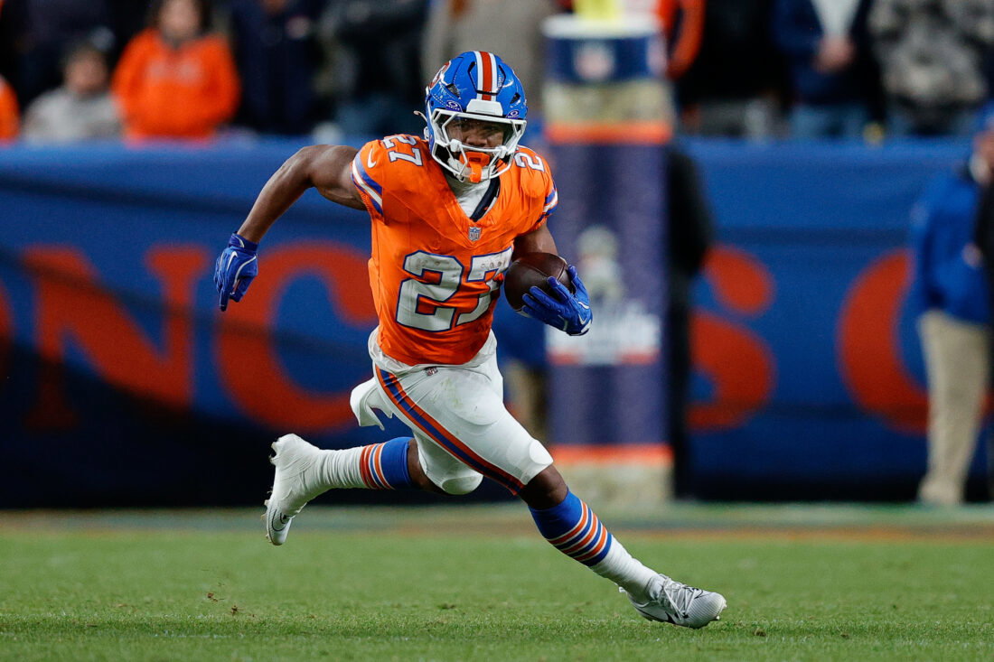 Nov 6, 2025; Denver, Colorado, USA; Denver Broncos running back J.K. Dobbins (27) runs the ball in the fourth quarter against the Las Vegas Raiders at Empower Field at Mile High. Mandatory Credit: Isaiah J. Downing-Imagn Images
