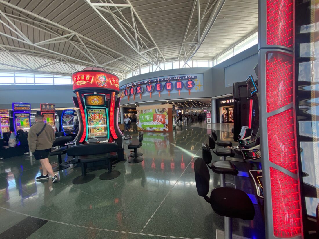 Slot machines at the Harry Reid International Airport in Las Vegas, Nevada.