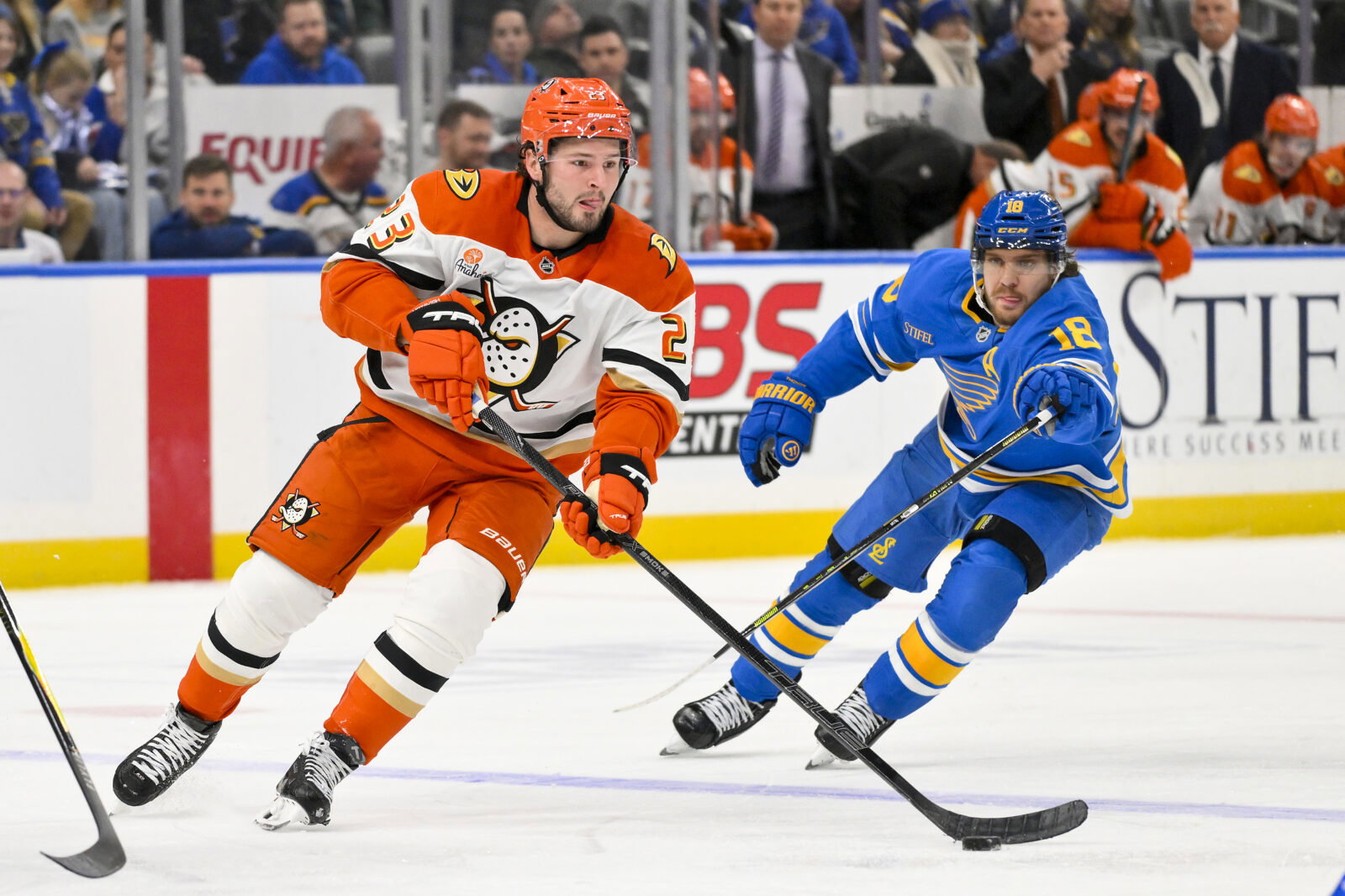 Dec 1, 2025; St. Louis, Missouri, USA; Anaheim Ducks center Mason McTavish (23) controls the puck against the St. Louis Blues during the third period at Enterprise Center. Mandatory Credit: Jeff Curry-Imagn Images