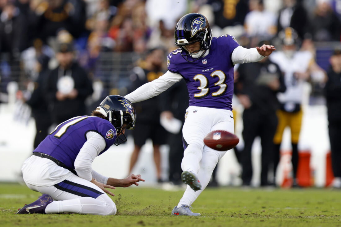 Dec 7, 2025; Baltimore, Maryland, USA; Baltimore Ravens place kicker Tyler Loop (33) kicks a field goal against the Pittsburgh Steelers during the second half at M&T Bank Stadium. Mandatory Credit: Peter Casey-Imagn Images