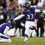 Dec 7, 2025; Baltimore, Maryland, USA; Baltimore Ravens place kicker Tyler Loop (33) kicks a field goal against the Pittsburgh Steelers during the second half at M&T Bank Stadium. Mandatory Credit: Peter Casey-Imagn Images