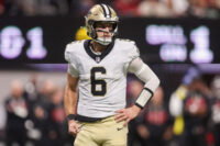 Jan 4, 2026; Atlanta, Georgia, USA; New Orleans Saints quarterback Tyler Shough (6) in action against the Atlanta Falcons in the third quarter at Mercedes-Benz Stadium. Mandatory Credit: Brett Davis-Imagn Images