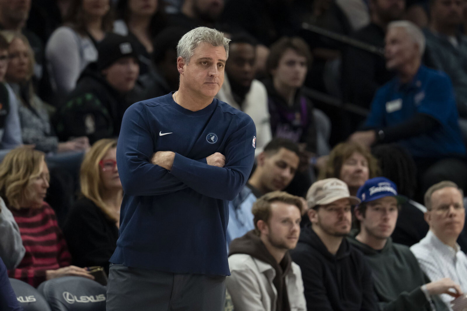Jan 11, 2026; Minneapolis, Minnesota, USA; Minnesota Timberwolves acting head coach Micah Nori looks on against the San Antonio Spurs in the first half at Target Center. Mandatory Credit: Jesse Johnson-Imagn Images