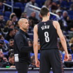 Feb 5, 2026; Orlando, Florida, USA; Brooklyn Nets head coach Jordi Fernandez talks to guard Egor Demin (8) during the first quarter against the Orlando Magic at Kia Center. Mandatory Credit: Mike Watters-Imagn Images
