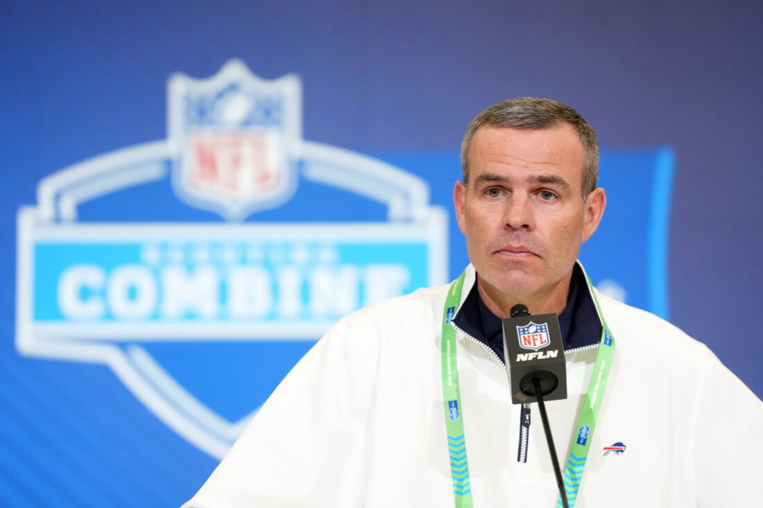 Feb 24, 2026; Indianapolis, IN, USA; Buffalo Bills general manager Brandon Beane speaks at the NFL Scouting Combine at the Indiana Convention Center. Mandatory Credit: Kirby Lee-Imagn Images