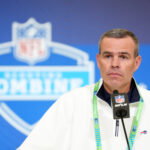 Feb 24, 2026; Indianapolis, IN, USA; Buffalo Bills general manager Brandon Beane speaks at the NFL Scouting Combine at the Indiana Convention Center. Mandatory Credit: Kirby Lee-Imagn Images
