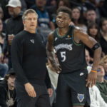 Mar 3, 2026; Minneapolis, Minnesota, USA; Minnesota Timberwolves head coach Chris Finch and guard Anthony Edwards (5) in the second half against the Memphis Grizzlies at Target Center. Mandatory Credit: Jesse Johnson-Imagn Images