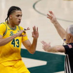 Mar 7, 2026; Waco, Texas, USA; Baylor Bears guard Cameron Carr (43) reacts after scoring a three-point basket against the Utah Utes during the second half at Paul and Alejandra Foster Pavilion. Mandatory Credit: Chris Jones-Imagn Images