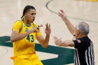 Mar 7, 2026; Waco, Texas, USA; Baylor Bears guard Cameron Carr (43) reacts after scoring a three-point basket against the Utah Utes during the second half at Paul and Alejandra Foster Pavilion. Mandatory Credit: Chris Jones-Imagn Images