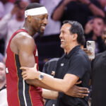 Mar 10, 2026; Miami, Florida, USA; Miami Heat center Bam Adebayo (13) celebrates with head coach Erik Spoelstra after becoming the NBA's second highest scorer of points in a game with 83 against the Wshington Wizards at Kaseya Center. Mandatory Credit: Rhona Wise-Imagn Images