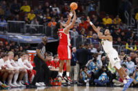 Mar 13, 2026; Chicago, IL, USA; Ohio State Buckeyes guard Bruce Thornton (2) shoots against Michigan Wolverines guard Nimari Burnett (4) during the second half at United Center. Mandatory Credit: Kamil Krzaczynski-Imagn Images