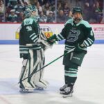 Boston Fleet goaltender Aerin Frankel and Hailey Winn during a game vs. Toronto at Agganis Arena at Boston University on Tuesday, March 17, 2026. Credit: Jason Snow / The Patriot Ledger / USA TODAY NETWORK via Imagn Images