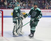 Boston Fleet goaltender Aerin Frankel and Hailey Winn during a game vs. Toronto at Agganis Arena at Boston University on Tuesday, March 17, 2026. Credit: Jason Snow / The Patriot Ledger / USA TODAY NETWORK via Imagn Images
