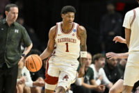Mar 19, 2026; Portland, OR, USA; Arkansas Razorbacks guard Meleek Thomas (1) dribbles in the first half against the Hawaii Rainbow Warriors during a first round game of the men's 2026 NCAA Tournament at Moda Center. Mandatory Credit: Craig Strobeck-Imagn Images
