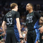 Apr 5, 2026; Dallas, Texas, USA; Dallas Mavericks forward Cooper Flagg (32) celebrates with Dallas Mavericks forward P.J. Washington (25) against the Los Angeles Lakers during the second half at American Airlines Center. Mandatory Credit: Kevin Jairaj-Imagn Images