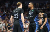 Apr 5, 2026; Dallas, Texas, USA; Dallas Mavericks forward Cooper Flagg (32) celebrates with Dallas Mavericks forward P.J. Washington (25) against the Los Angeles Lakers during the second half at American Airlines Center. Mandatory Credit: Kevin Jairaj-Imagn Images