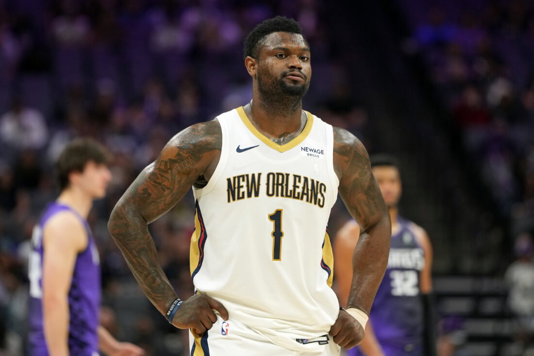 Apr 3, 2026; Sacramento, California, USA; New Orleans Pelicans forward Zion Williamson (1) during the fourth quarter against the Sacramento Kings at Golden 1 Center. Mandatory Credit: Darren Yamashita-Imagn Images