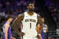 Apr 3, 2026; Sacramento, California, USA; New Orleans Pelicans forward Zion Williamson (1) during the fourth quarter against the Sacramento Kings at Golden 1 Center. Mandatory Credit: Darren Yamashita-Imagn Images