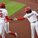 Apr 7, 2026; Washington, District of Columbia, USA; Washington Nationals left fielder James Wood (29) celebrates scoring a run with shortstop CJ Abrams (5) against the St. Louis Cardinals during the first inning at Nationals Park. Mandatory Credit: Rafael Suanes-Imagn Images