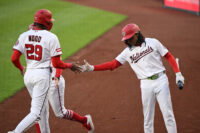 Apr 7, 2026; Washington, District of Columbia, USA; Washington Nationals left fielder James Wood (29) celebrates scoring a run with shortstop CJ Abrams (5) against the St. Louis Cardinals during the first inning at Nationals Park. Mandatory Credit: Rafael Suanes-Imagn Images