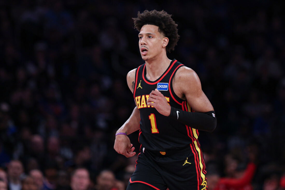 Apr 18, 2026; New York, New York, USA; Atlanta Hawks forward Jalen Johnson (1) reacts after a basket during the second half of the 2026 NBA Playoffs against the New York Knicks at Madison Square Garden. Mandatory Credit: Vincent Carchietta-Imagn Images