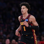 Apr 18, 2026; New York, New York, USA; Atlanta Hawks forward Jalen Johnson (1) reacts after a basket during the second half of the 2026 NBA Playoffs against the New York Knicks at Madison Square Garden. Mandatory Credit: Vincent Carchietta-Imagn Images