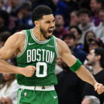 Apr 24, 2026; Philadelphia, Pennsylvania, USA; Boston Celtics forward Jayson Tatum (0) celebrates his three point basket against the Philadelphia 76ers late in the fourth quarter at Xfinity Mobile Arena. Mandatory Credit: