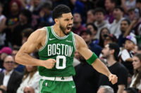 Apr 24, 2026; Philadelphia, Pennsylvania, USA; Boston Celtics forward Jayson Tatum (0) celebrates his three point basket against the Philadelphia 76ers late in the fourth quarter at Xfinity Mobile Arena. Mandatory Credit: