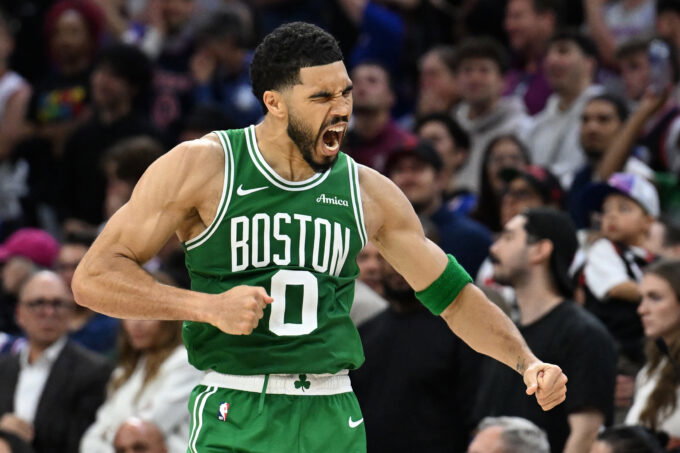 Apr 24, 2026; Philadelphia, Pennsylvania, USA; Boston Celtics forward Jayson Tatum (0) celebrates his three point basket against the Philadelphia 76ers late in the fourth quarter at Xfinity Mobile Arena. Mandatory Credit: