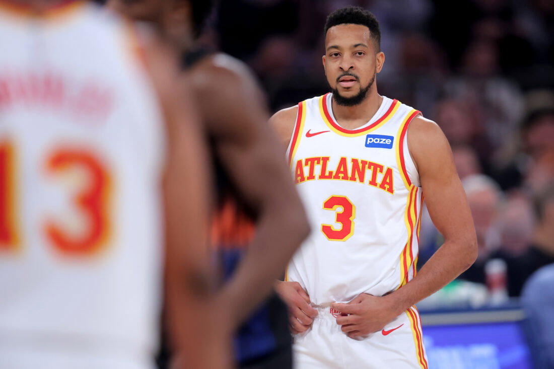 Apr 28, 2026; New York, New York, USA; Atlanta Hawks guard CJ McCollum (3) reacts during the first quarter of game five of the first round of the 2026 NBA Playoffs against the New York Knicks at Madison Square Garden. Mandatory Credit: Brad Penner-Imagn Images