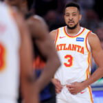 Apr 28, 2026; New York, New York, USA; Atlanta Hawks guard CJ McCollum (3) reacts during the first quarter of game five of the first round of the 2026 NBA Playoffs against the New York Knicks at Madison Square Garden. Mandatory Credit: Brad Penner-Imagn Images