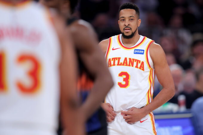 Apr 28, 2026; New York, New York, USA; Atlanta Hawks guard CJ McCollum (3) reacts during the first quarter of game five of the first round of the 2026 NBA Playoffs against the New York Knicks at Madison Square Garden. Mandatory Credit: Brad Penner-Imagn Images