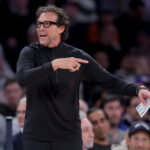 Apr 28, 2026; New York, New York, USA; Atlanta Hawks head coach Quin Snyder coaches against the New York Knicks during the second quarter of game five of the first round of the 2026 NBA Playoffs at Madison Square Garden. Mandatory Credit: Brad Penner-Imagn Images
